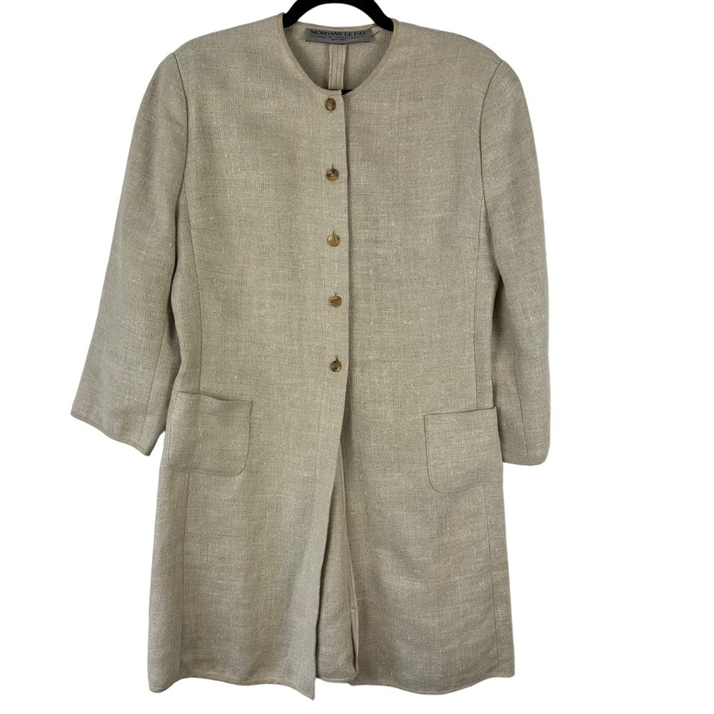 Morgane Le‎ Fay Sz L Women's Beige Linen Button Down Coat Pockets Shoulder Pads